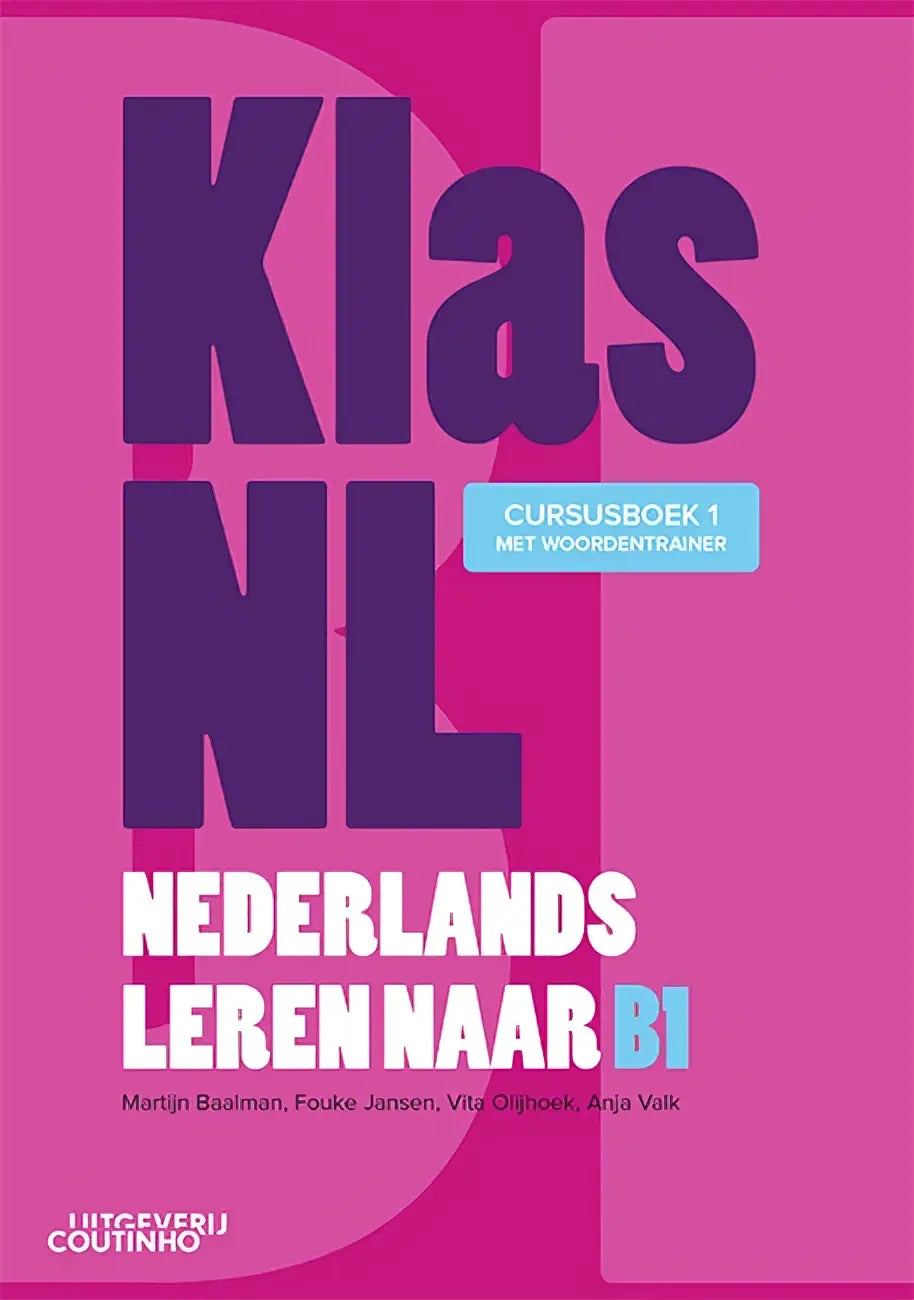 Vibrante roze cover van klas nl nederlands leren naar b1 cursusboek 1 met gedurfde paarse en witte typografie