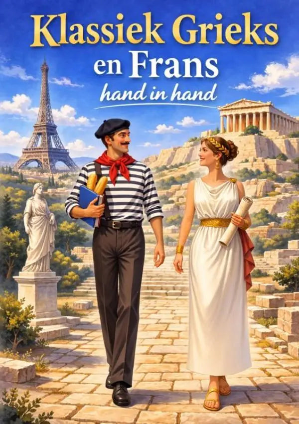 Boekcover van klassiek grieks en frans hand in hand deel i met man en vrouw wandelen en eiffeltoren en parthenon op achtergrond