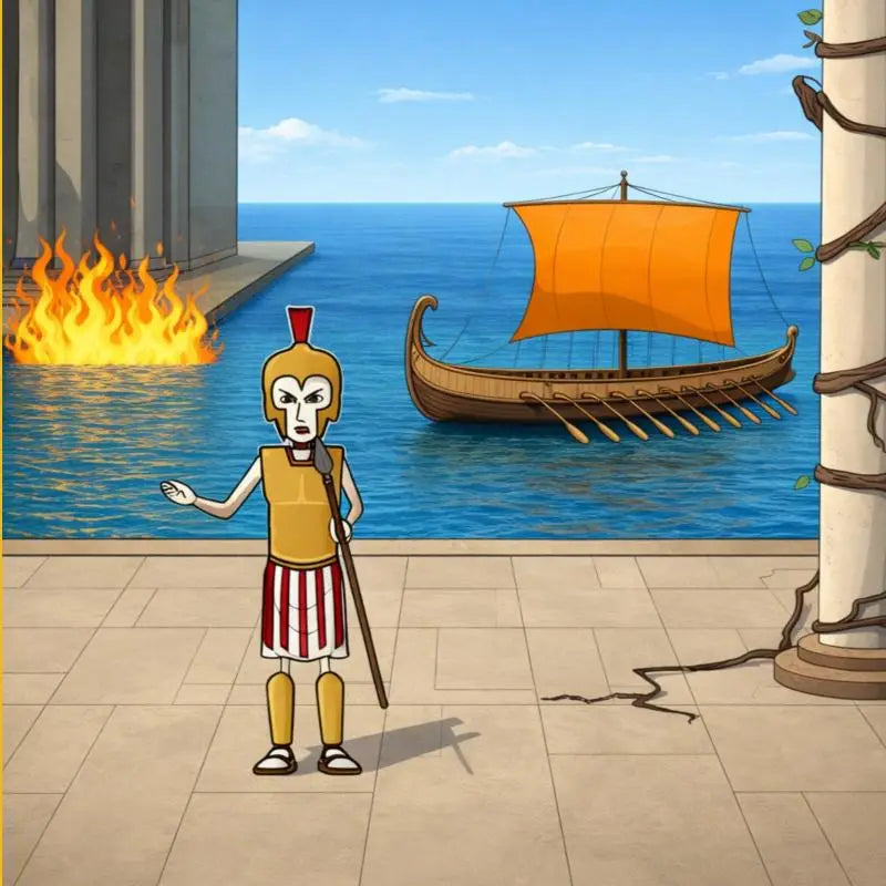 Een cartoon spartan oorloger met gouden helm en rood-wit gestreepte rok bij brandende ruïnes voor klassiek grieks leren