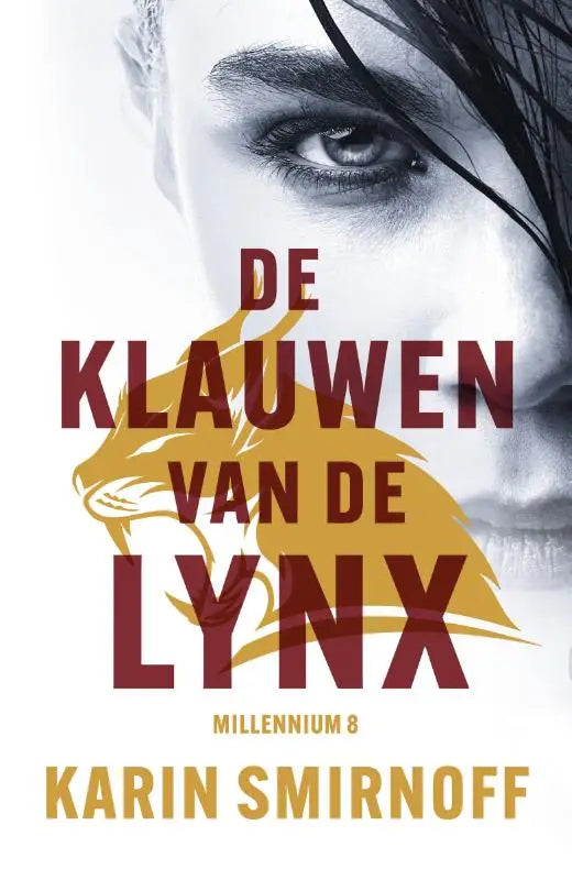Boekcover van de klauwen van de lynx door karin smirnoff met maroon en gouden tekst en een zwartwit vrouwenportret