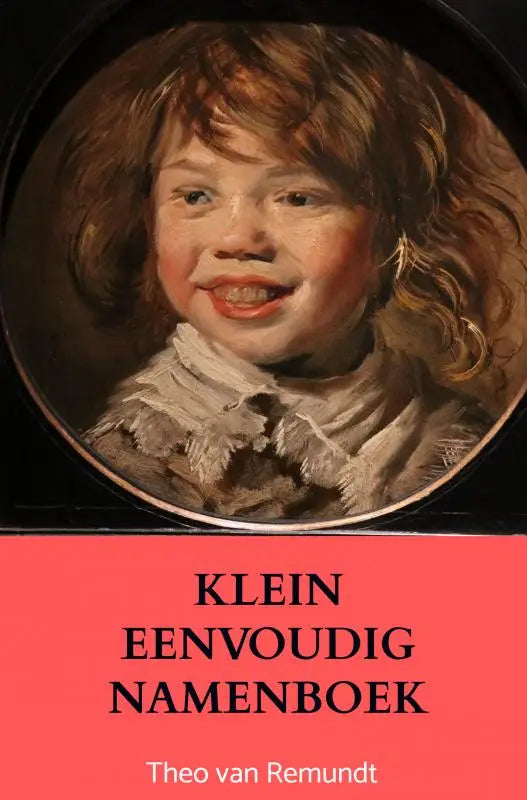 Circulair portret van een glimlachend kind met krullend bruin haar en witte ruches in donkerhouten lijst voor klein eenvoudig namenboek jonge lezers