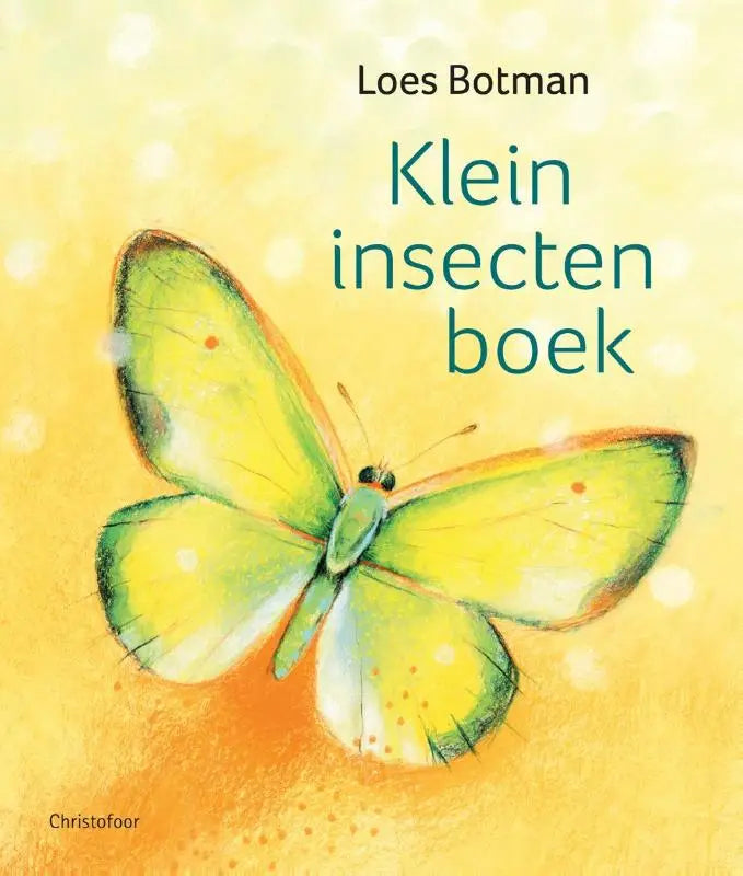Waterverftekening van een gele en groene vlinder met oranje randen en rode vlekken in het klein insectenboek voor jonge lezers