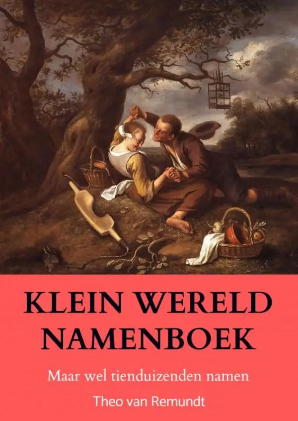 De cover van het boek klein wereld namenboek door theo van remundt met een klassieke schildering en tienduizenden namen