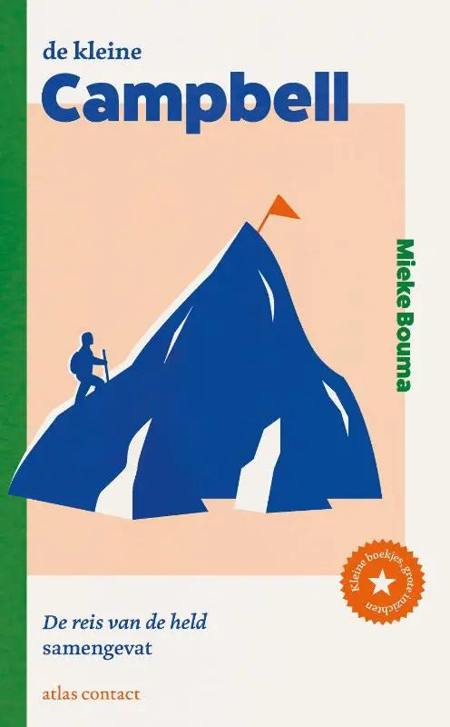 Blauwe geïllustreerde boekcover van de kleine campbell met mountain, oranje vlag en hiker silhouette, held samengevat