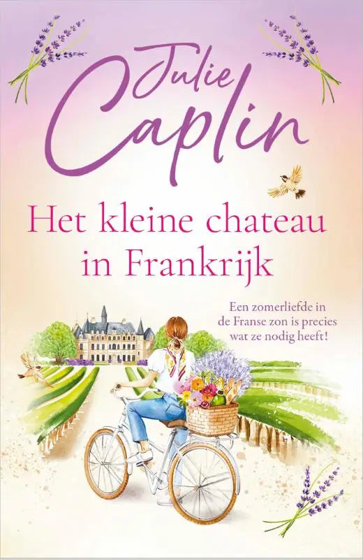 Lavendelthema boekcover met witte fiets en bloemen in mand voor klein chateau in franse zon