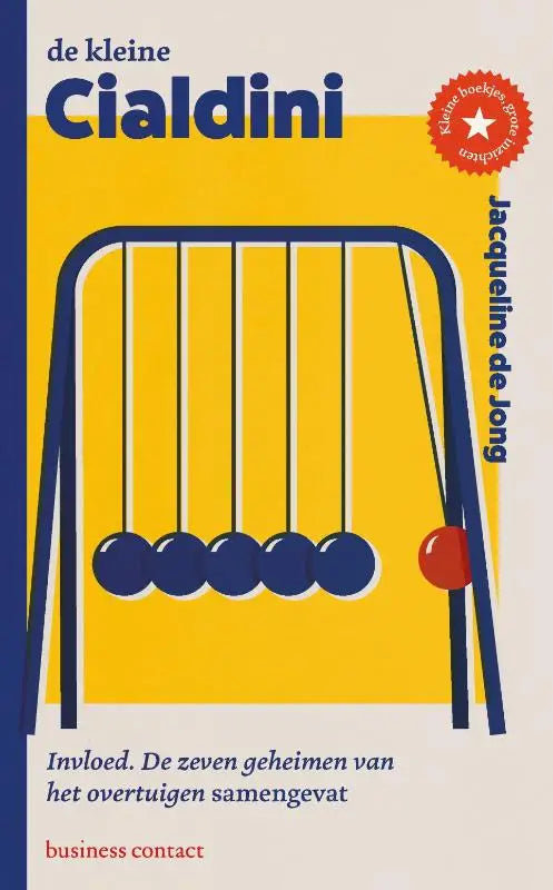 De kleine cialdini boekcover met een minimalistische abacus illustratie en een rode kraal over overtuigen samengevat