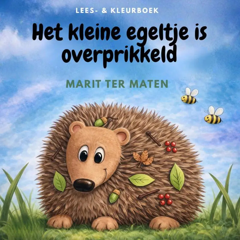 Heerlijke geïllustreerde lees- en kleurboekcover van het kleine egeltje met bladeren voor jonge lezers