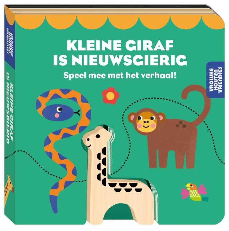 A wooden giraffe toy with black spots and a smiling face standing on a children’s book cover kleine giraf