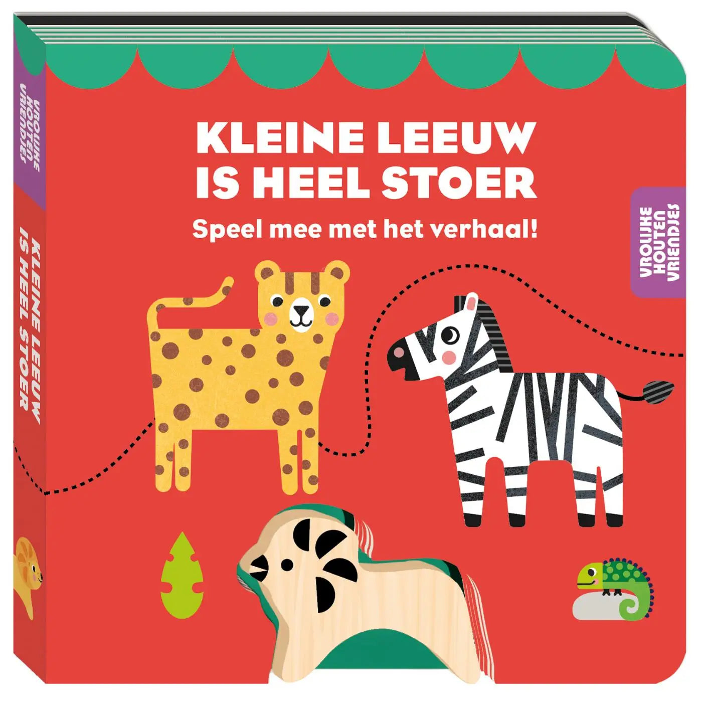 Rode boardboek kleine leeuw met vrolijke houten vriendjes zoals een gele luipaard, zebra en houten leeuw met groene manen