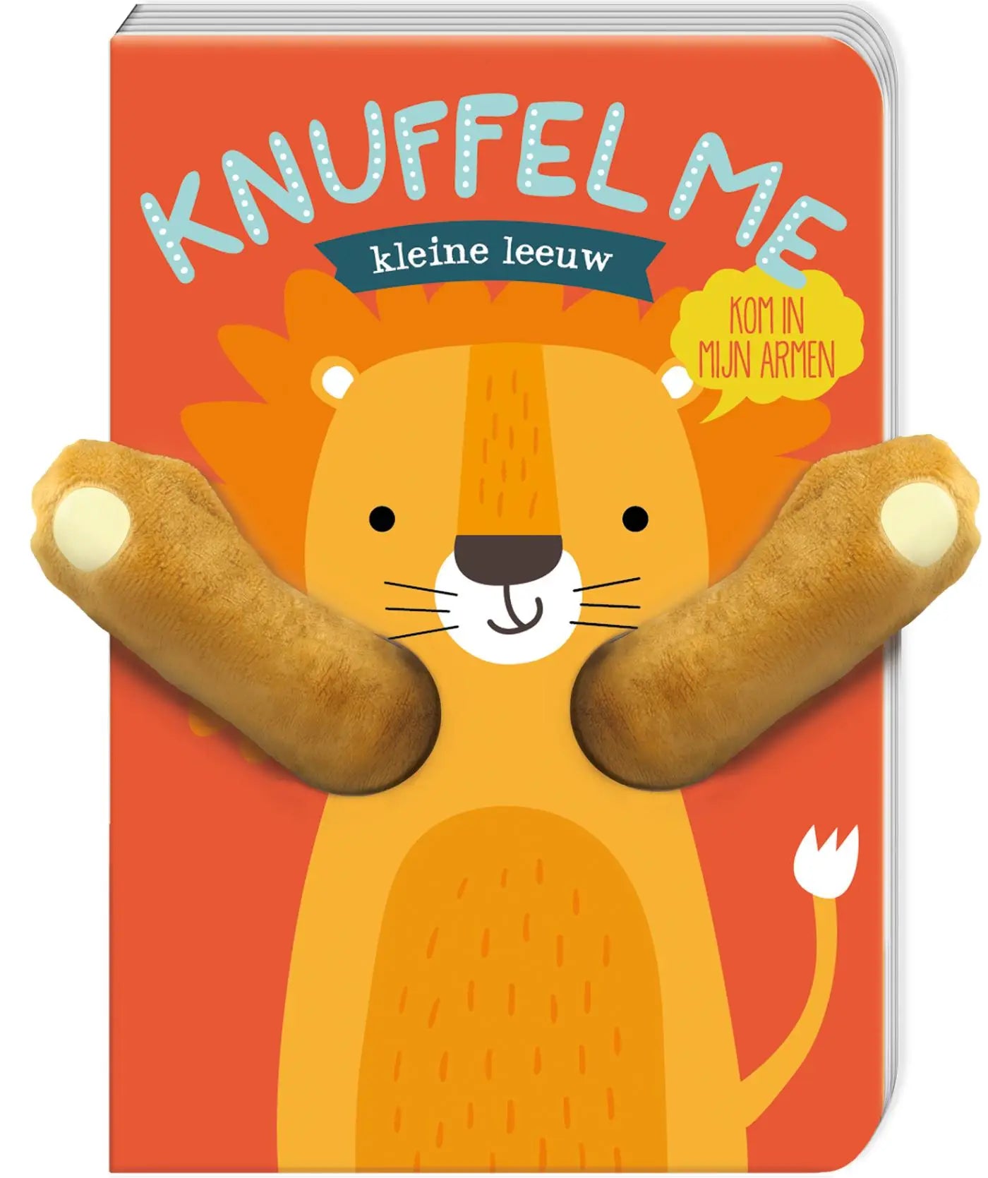 Een oranje pluchen kleine leeuw kinderen boek met interactieve knuffelarmen voor jonge lezers interactieve knuffelboeken