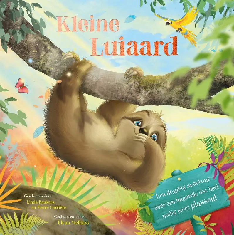 Een charmant geïllustreerde kinderboekcover met een kleine bruine luiaard en kleurrijke jungle voor jonge lezers