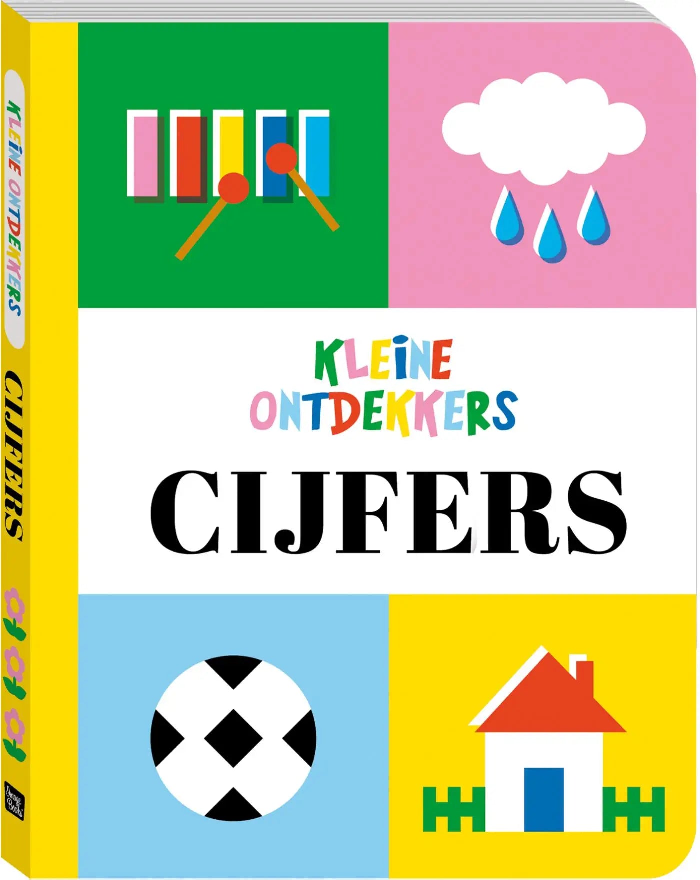 Kleine ontdekkers cijfers kinderboek met kleurrijke omslag en illustraties van muziekinstrumenten wolken voetbal en huizen