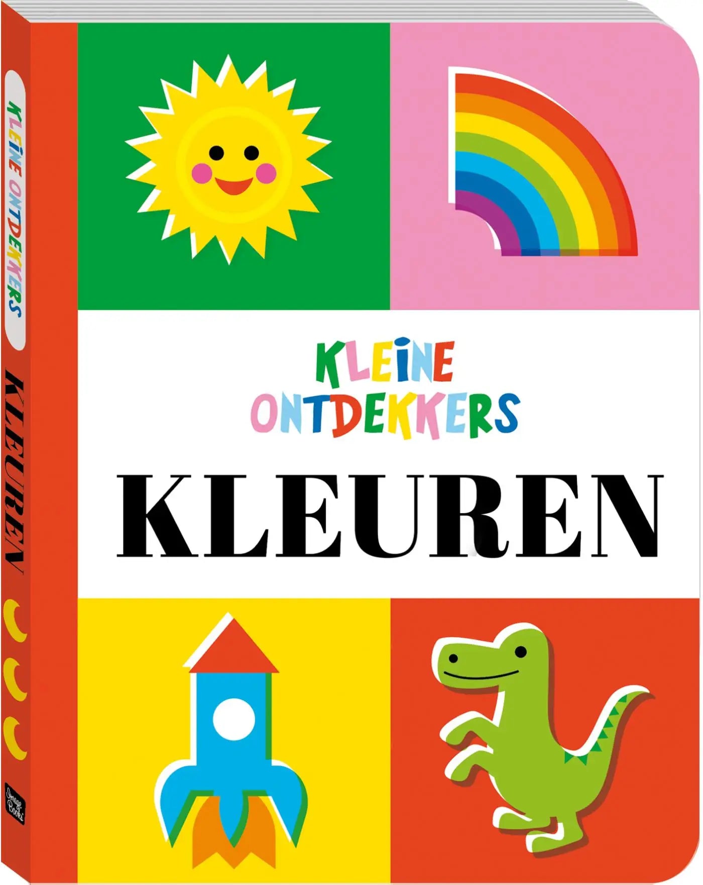 Kleine ontdekkers kleuren kinderboek met groene lachende zon, regenboog, blauwe raket en groene dinosaurus op de voorkant