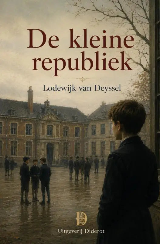 De kleine republiek boekcover met sepia illustratie van jongen in formele kleding voor historisch gebouw met andere jongens