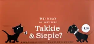 Zwarte silhouet van een hond met witte tekst op oranje achtergrond voor kleine takkie siepie display product
