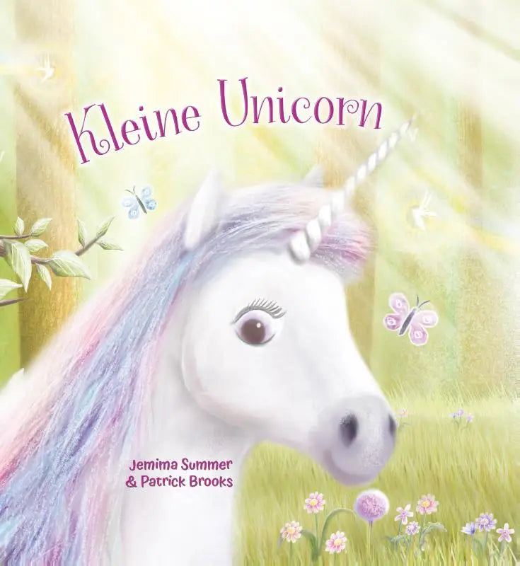 Beeld van kleine unicorn met zachte witte illustratie en regenboogmanen voor jonge lezers