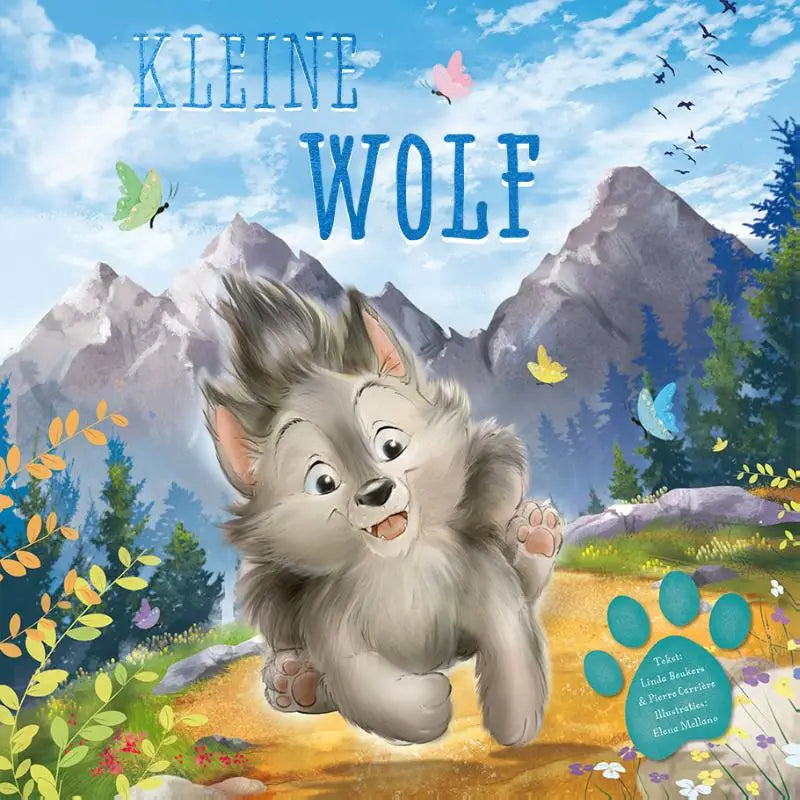 Een kleine wolf cartoon in grijs met expressieve ogen die vrolijk rent door een bospad voor jonge lezers