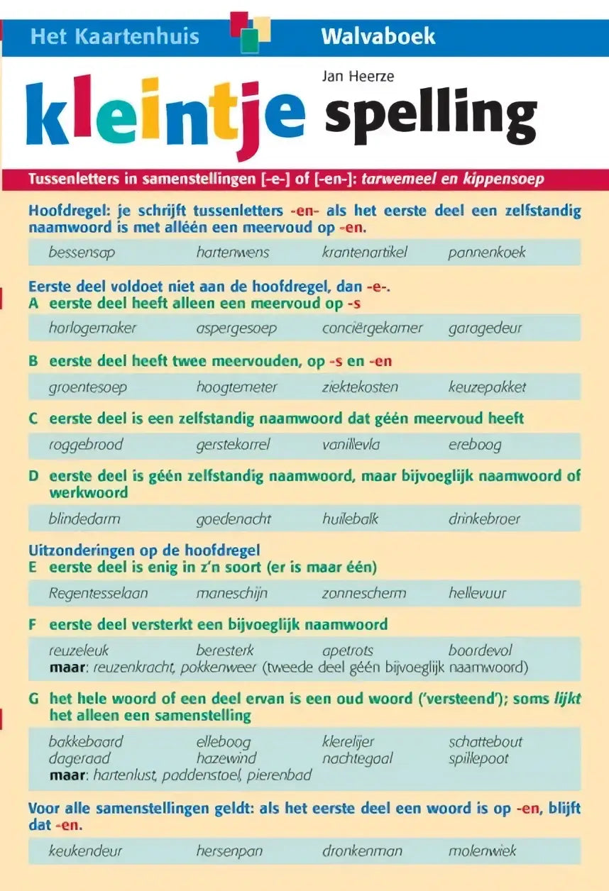 Dit is kleintje spelling van jan heerze, een educatieve uitgave algemeen van het kaartenhuis met kleurrijke tekst en regels voor samenstellingen