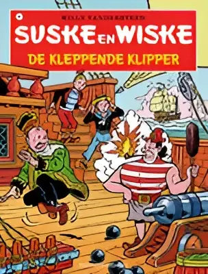 De kleppende klipper comicboek cover van suske en wiske met opvallende rode en gele tekst op witte achtergrond