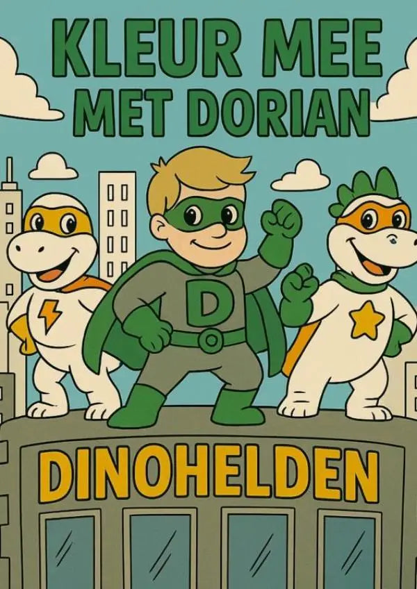 Groen en grijs superhelden thema kleurboek voor kinderen met cartoon dino helden kleur mee met dorian voor jonge lezers