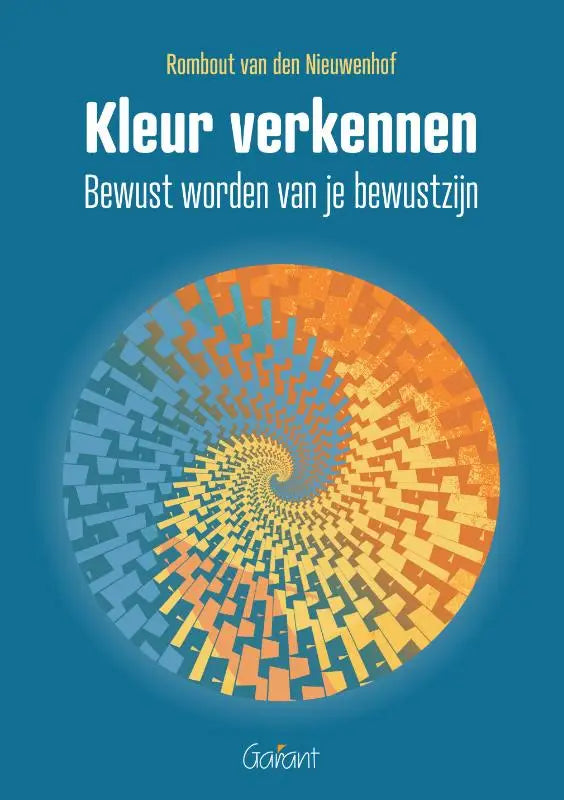 De boekcover van kleur verkennen toont een vibrerend, draaiend spiraalpatroon van oranje en blauwe geometrische blokken