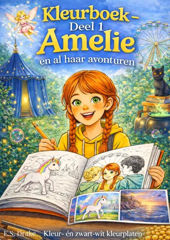 Kleurboek amelie toont een kleurboek voor jonge lezers met een meisje met oranje vlechten en fantasierijke eenhoorns