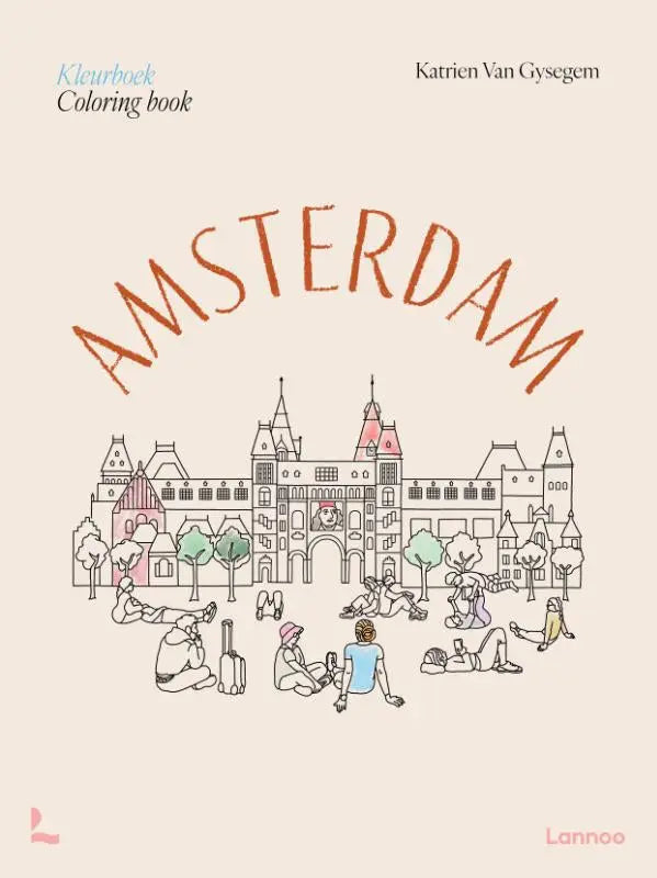 Kleurboek amsterdam i coloring met een beige omslag, zachte pasteltinten en illustraties van de amsterdamse skyline