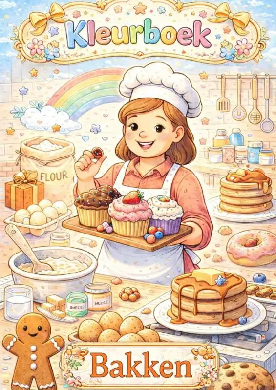 Kleurboek bakken is een kleurrijk kinderkookboek met een vrolijke illustratie van een meisje met een chef hoed