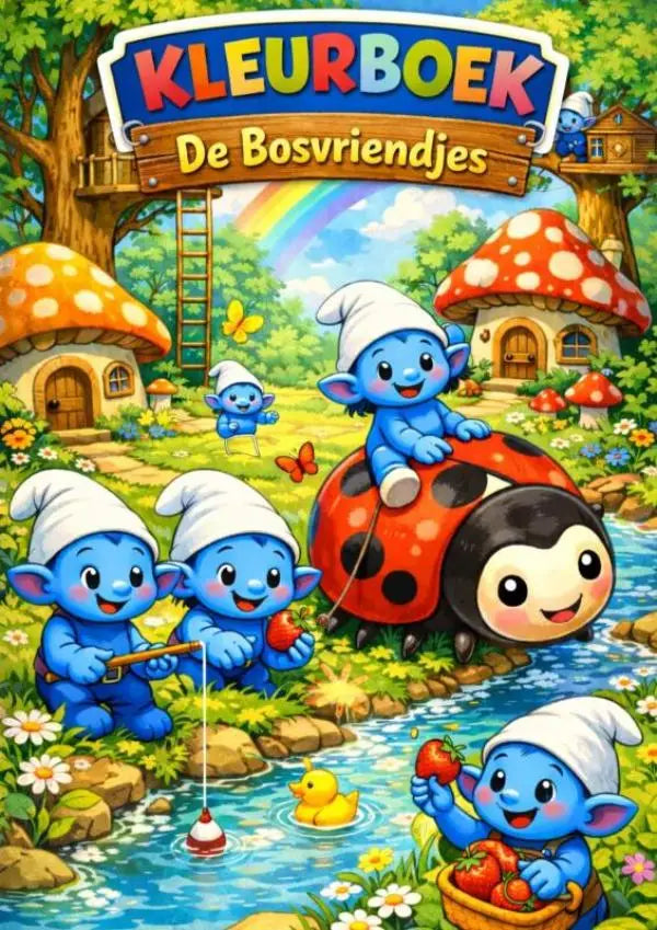 Kleurboek de bosvriendjes met blauwe smurfen met witte mutsen rondom een rood lieveheersbeestje voertuig in vrolijke stijl