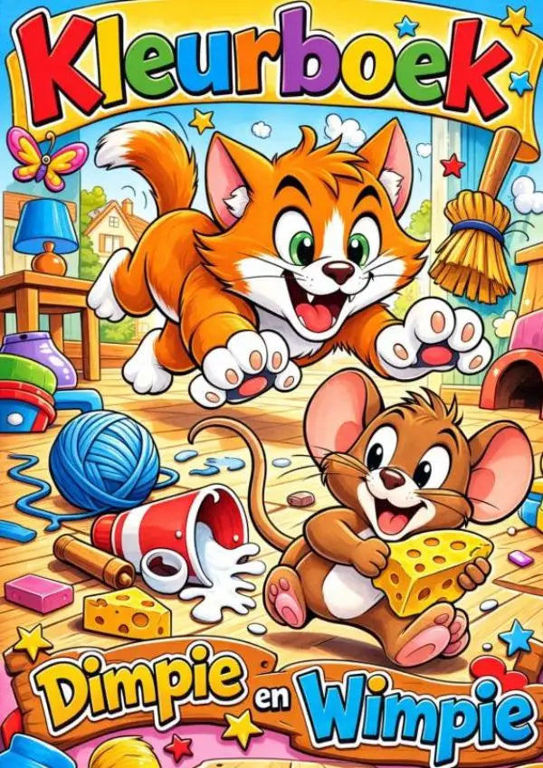 Kleurboek dimpie en wimpie met afbeelding van oranje tabby kat met witte poten en groene ogen en speelse uitdrukking