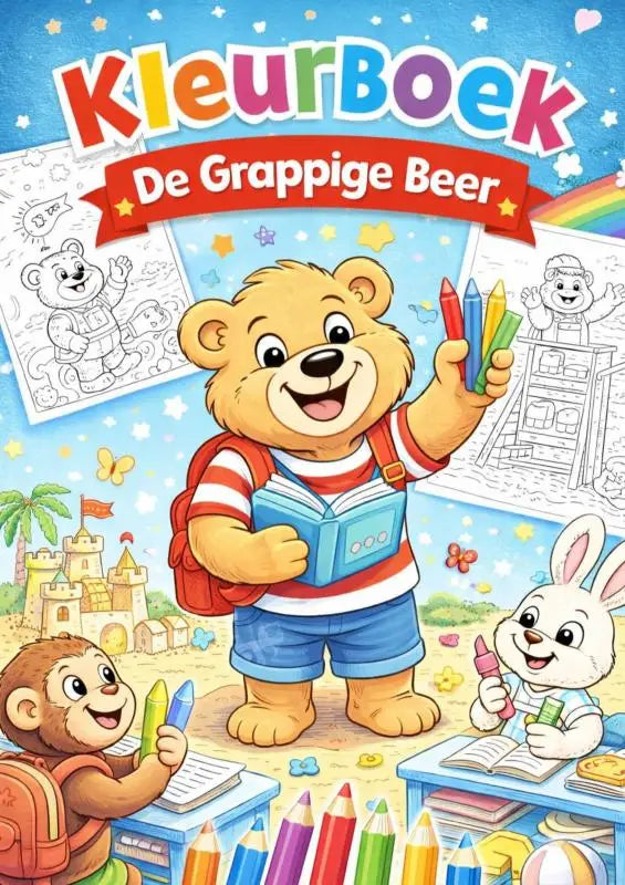 Een vrolijke lichtbruine grappige beer in roodwit gestreept shirt en blauwe korte broek houdt een open kleurboek vast