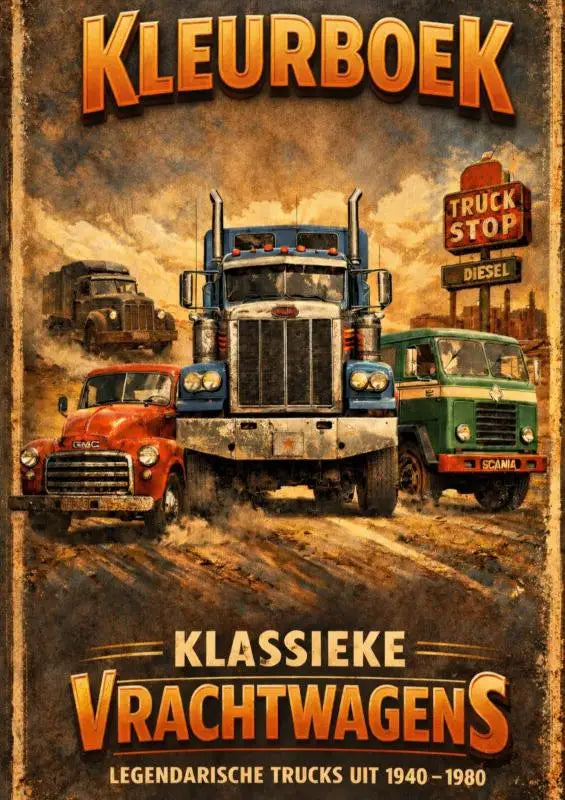 Vintage-stijl poster voor kleurboek klassieke vrachtwagens met blauwe semi-truck, oranje gmc en groene scania van