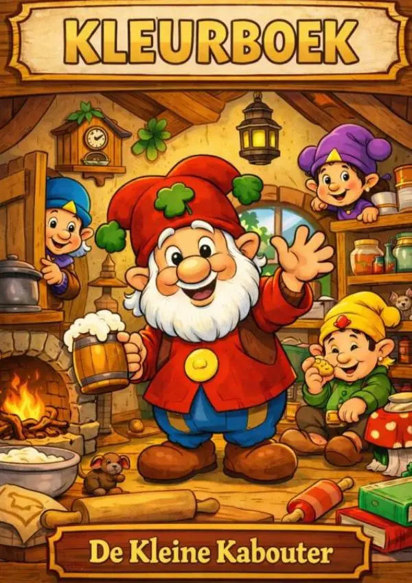 Illustratie van een kleine kabouter in rode hoed met klavertjes en rood jasje die zwaait met een bierpul in een houten werkplaats