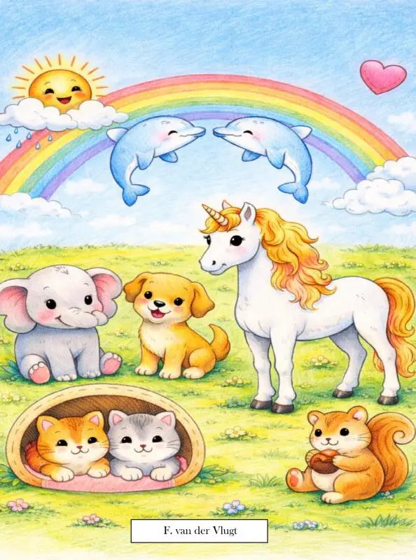 Kleurboek met een witte eenhoorn met gouden manen en hoorn omringd door dieren onder een regenboog voor libro para colorear