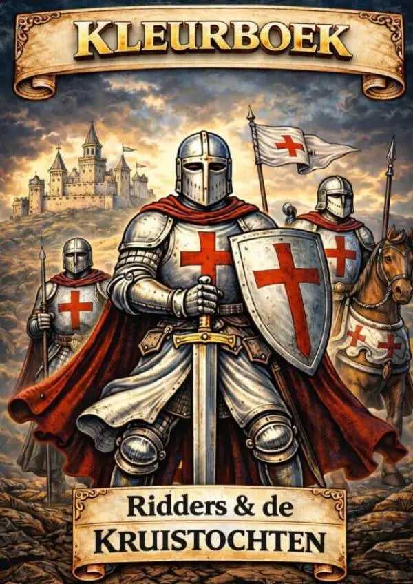 De cover van het kleurboek ridders en de kruistochten toont een zilveren ridder met een rode kruis en een karmozijnrode mantel