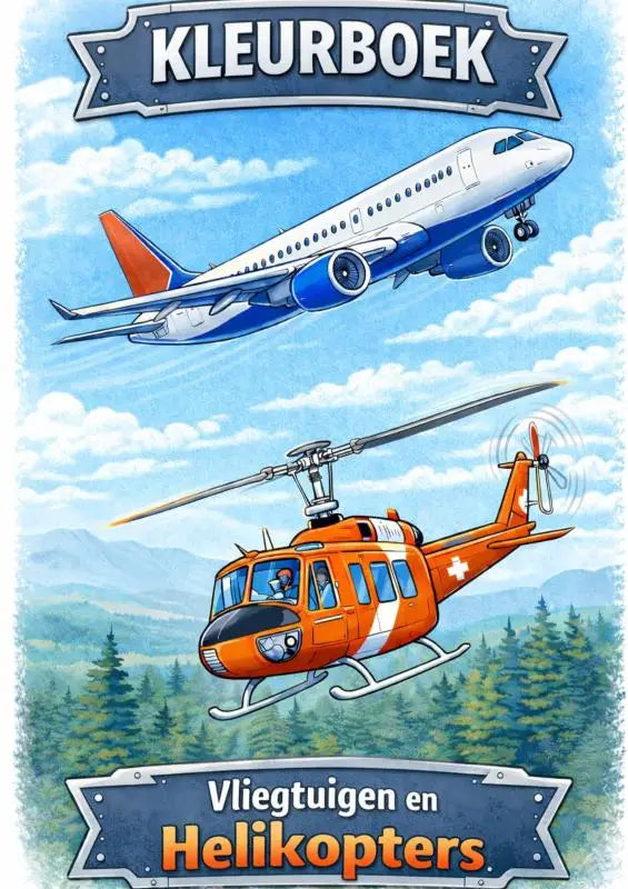 Kleurboek vliegtuigen en helikopters met blauwe en witte vliegtuig en oranje medische helikopter in de lucht