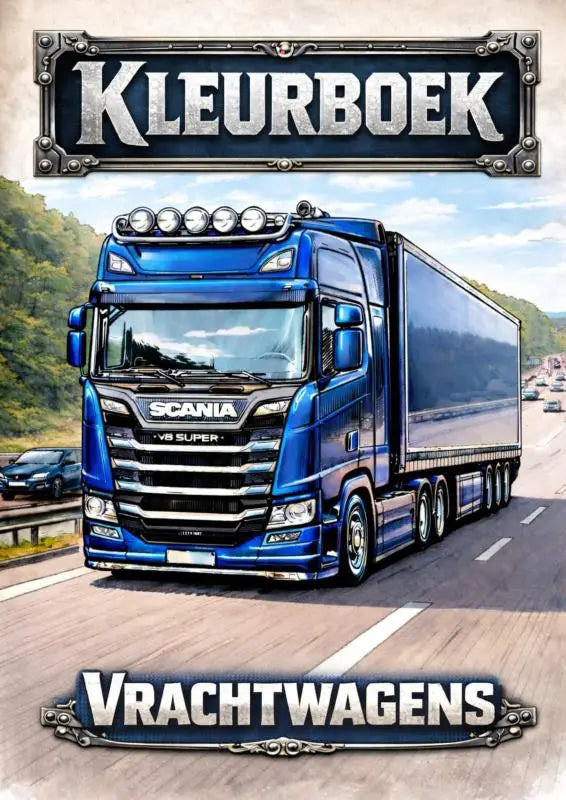 Kleurboek vrachtwagens met een levendige blauwe scania v8 super semi truck met modern ontwerp en chroom accenten