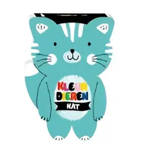 Een teal gekleurde kartonnen kattenportemonnee met zwarte strepen en kleurrijk klein deren kat label voor jonge lezers