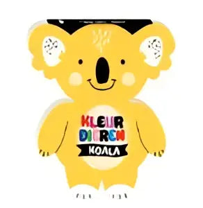 Gele koala knuffel met zwarte oren en ogen en rode tekst patch koala op de borst voor jonge lezers