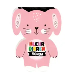 Roze konijnvormige wallet met zwart-witte tekst op de borst ideaal voor jonge lezers uit kleurdieren collectie