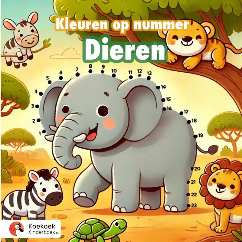 Grijze cartoonolifant met blozende wangen en glimlach in geïllustreerde safariscène voor magische dieren kleurplaten