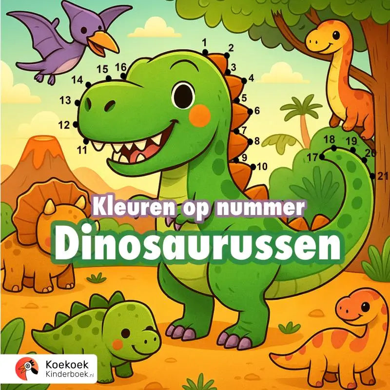Illustratie van groene cartoon dinosaurus met oranje vlekken en paarse voeten in prehistorische dino kleurplaten