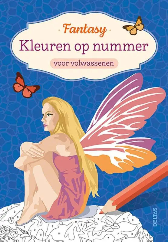 Fantasy kleuren op nummer voor volwassenen met een blonde fee en kleurrijke vleugels op een puzzel met vlinders