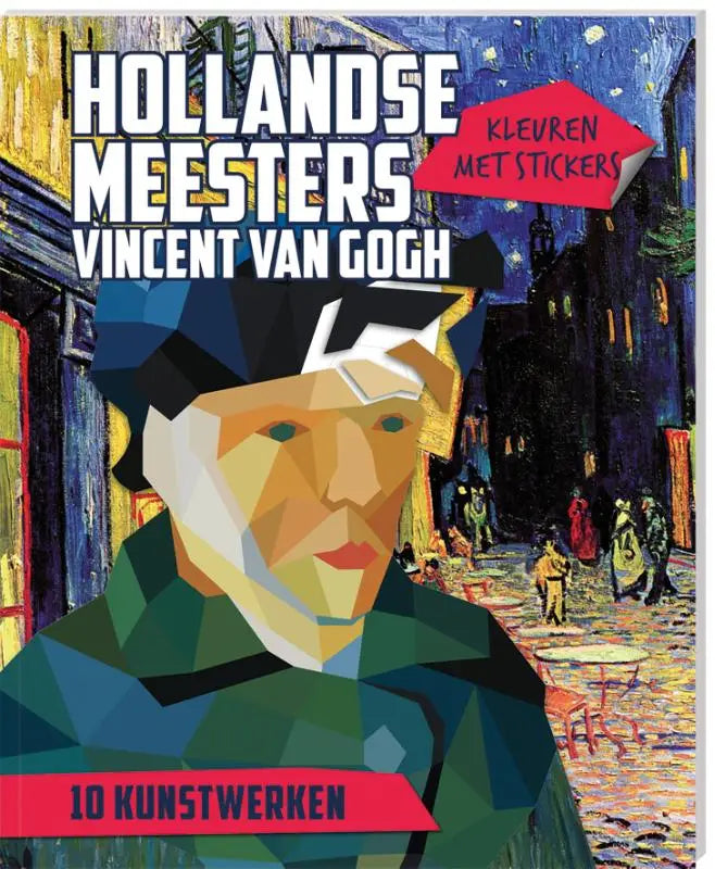 Een gestileerd geometrisch portret van vincent van gogh in donkergroene jas en blauwe pet bij hollandse meesters product