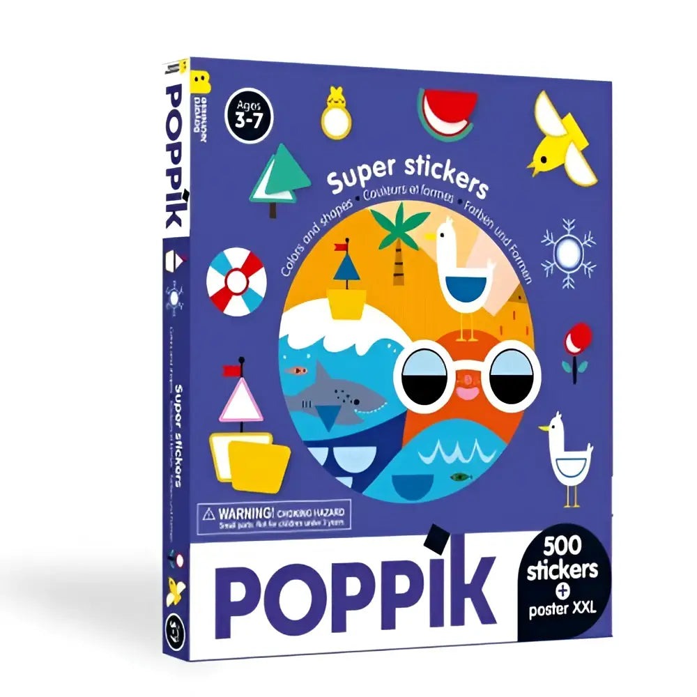 Poppik super stickers box met een levendige cartoon oceaanscène en kleurrijke dieren en vormen op paarse achtergrond