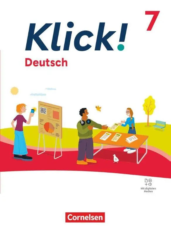 Cover van klick 7 deutsch schulbuch mit digitalen medien met kleurrijke tekeningen van samenwerken buiten