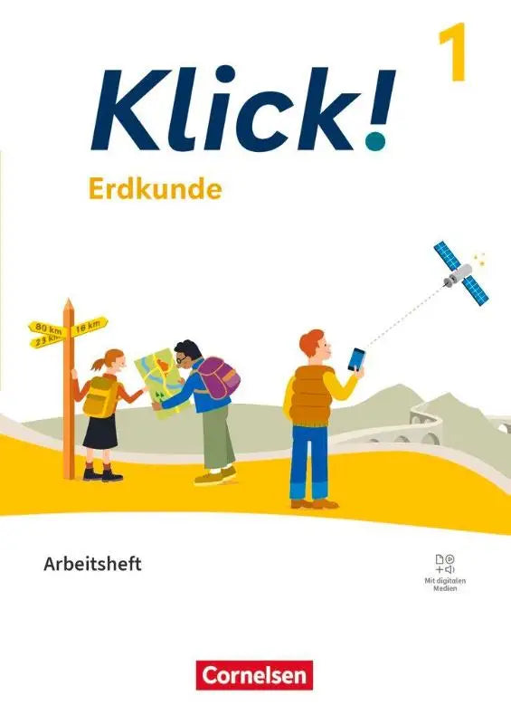 De cover van het arbeitsheft mit digitalen klick band 1 erdkunde toont drie kinderen die de natuur verkennen