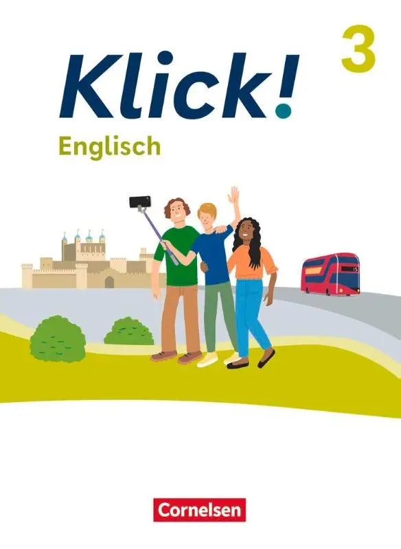 De cover van het klick 3 englisch leerboek toont drie kleurrijke personages met digitale mediamiddelen voor een kasteel