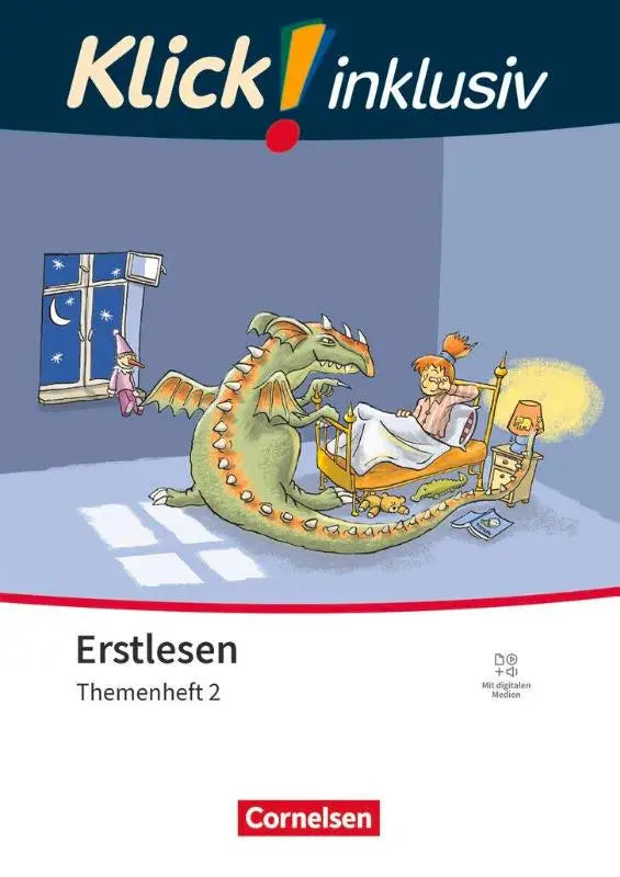 Illustratie van een groene draak met oranje stekels en vleugels op de cover van klick erstlesen buchstabenlehrgang teil 2 mit digitalen medien