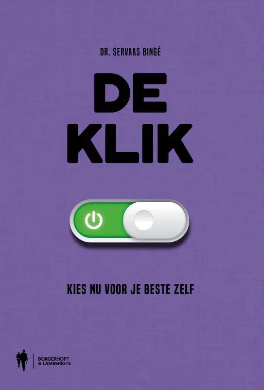 Purple boekomslag met de klik tekst en een groene powerknop toggle, kies nu voor je beste zelf product